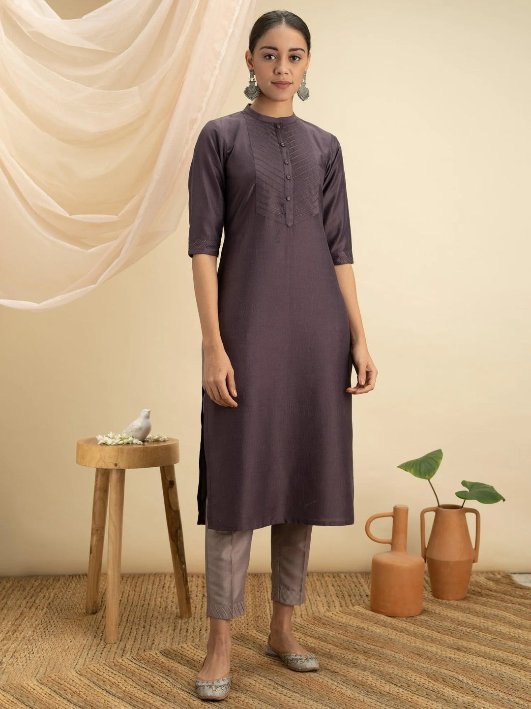 Purple Solid Silk Kurta - Libas 