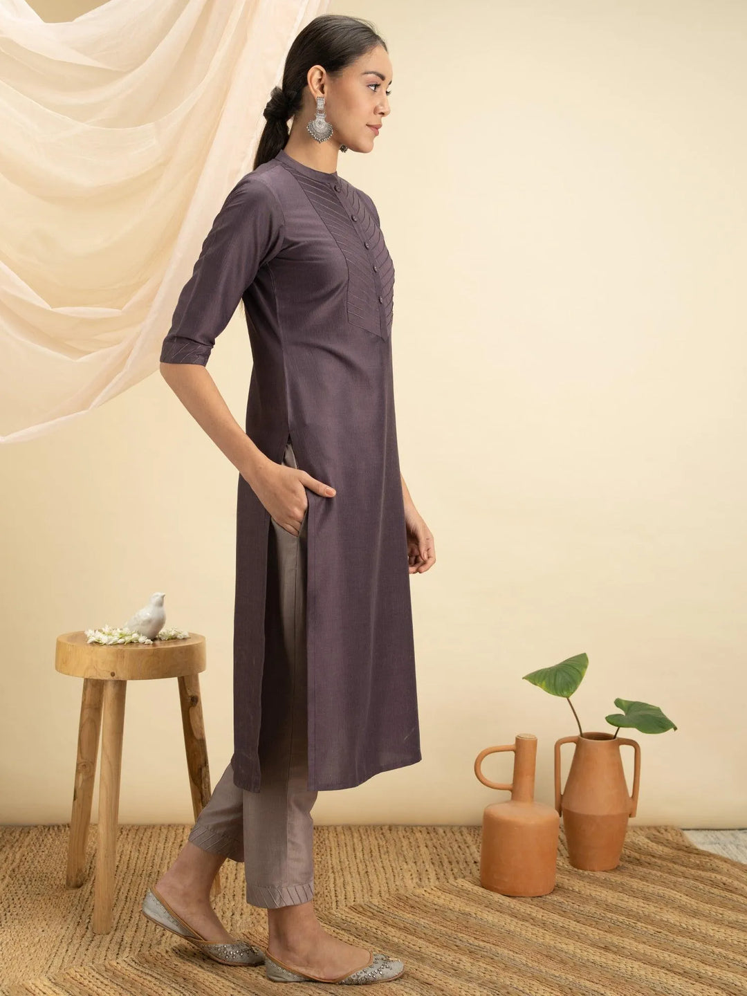 Purple Solid Silk Kurta - Libas 