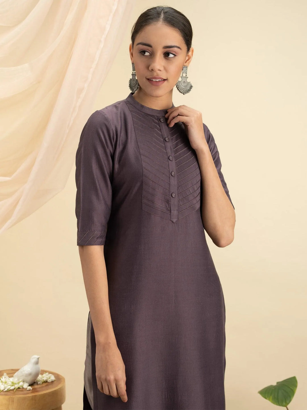 Purple Solid Silk Kurta - Libas 