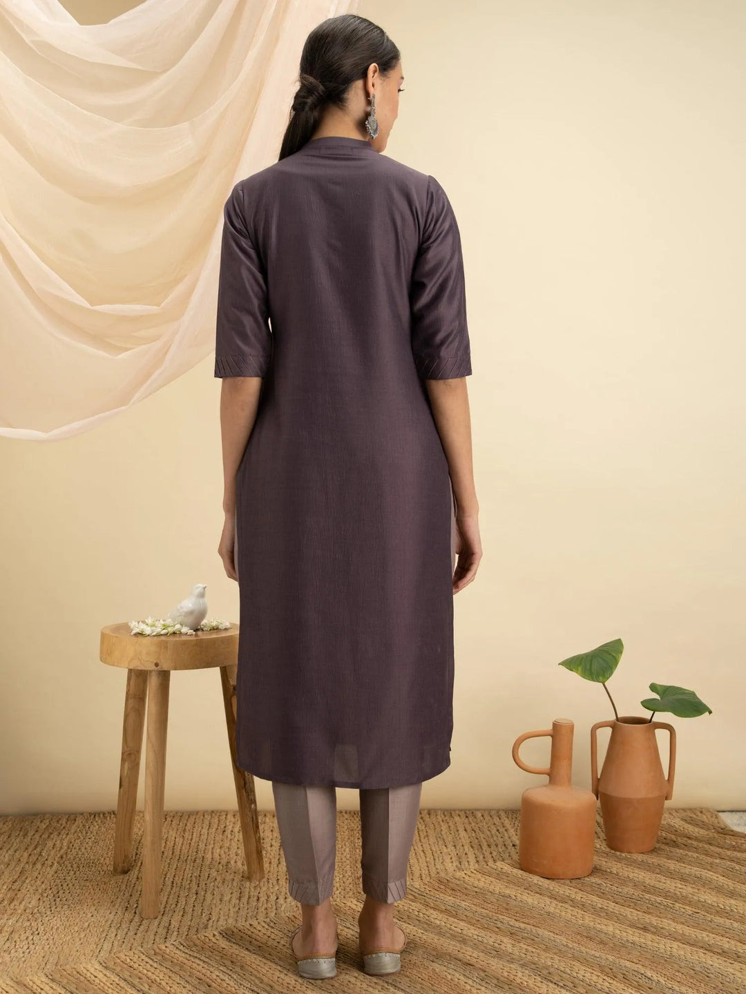 Purple Solid Silk Kurta - Libas 