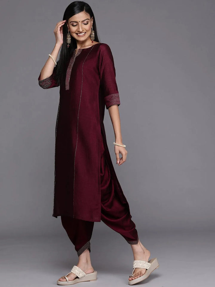 Purple Solid Silk Straight Kurta - Libas