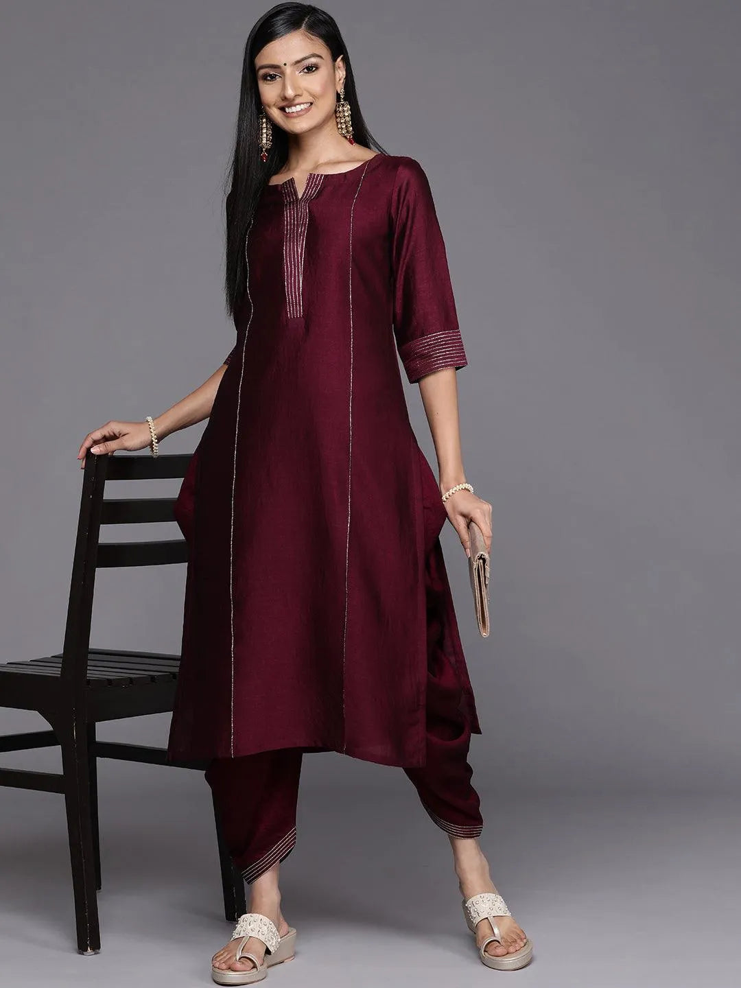 Purple Solid Silk Straight Kurta - Libas