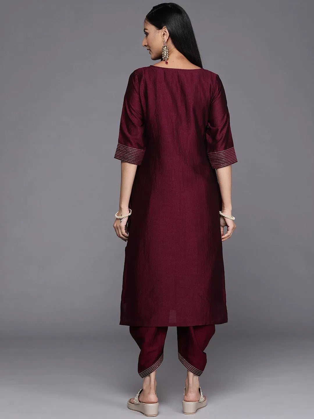 Purple Solid Silk Straight Kurta - Libas