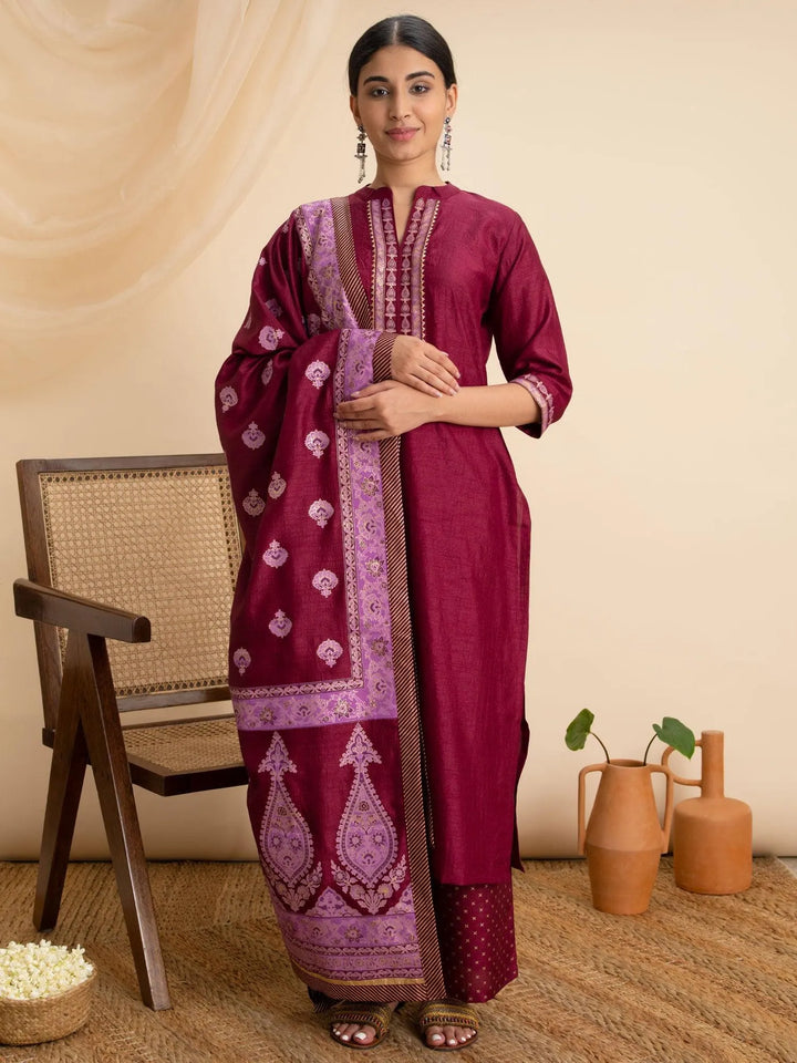 Purple Solid Silk Suit Set - Libas