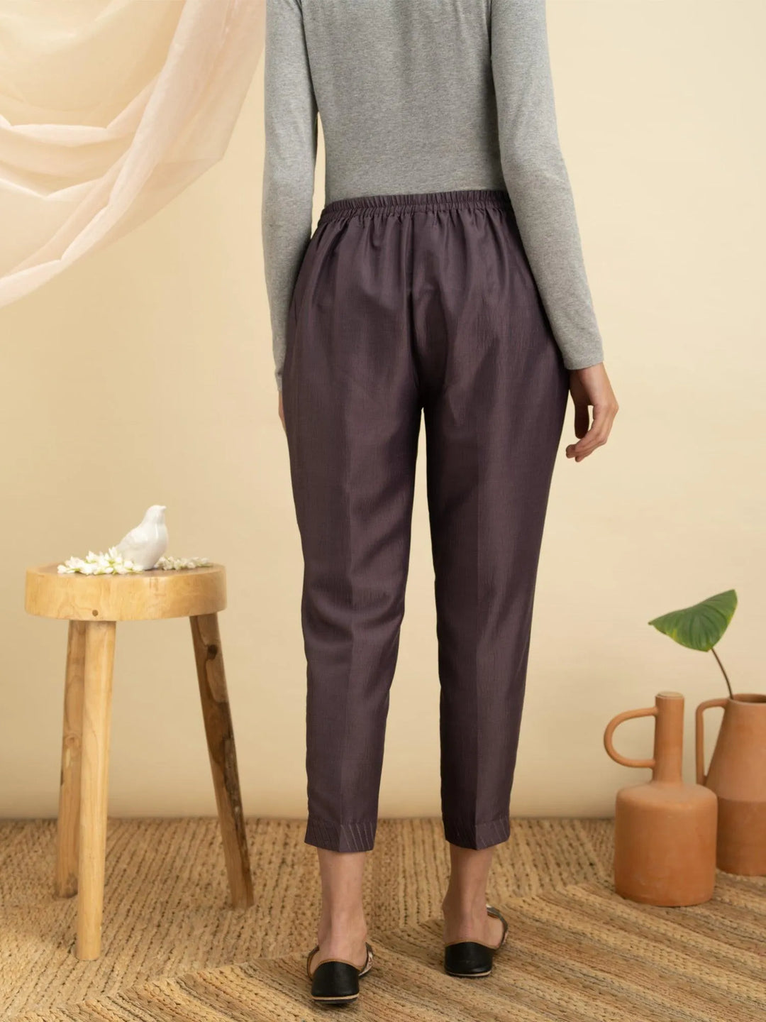 Purple Solid Silk Trousers - Libas