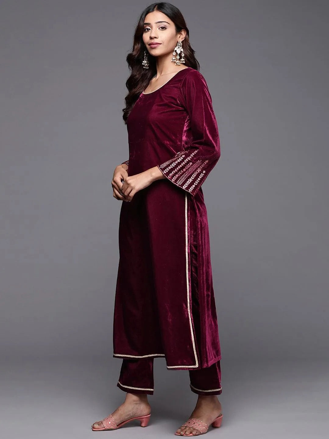 Purple Solid Velvet Straight Suit Set - Libas 