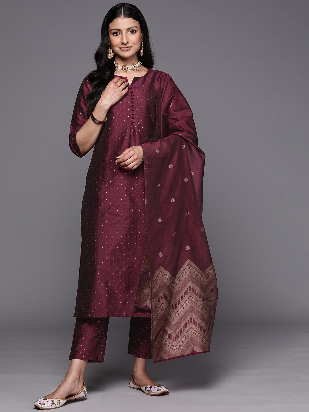 Purple Woven Design Art Silk Straight Kurta With Trousers & Dupatta