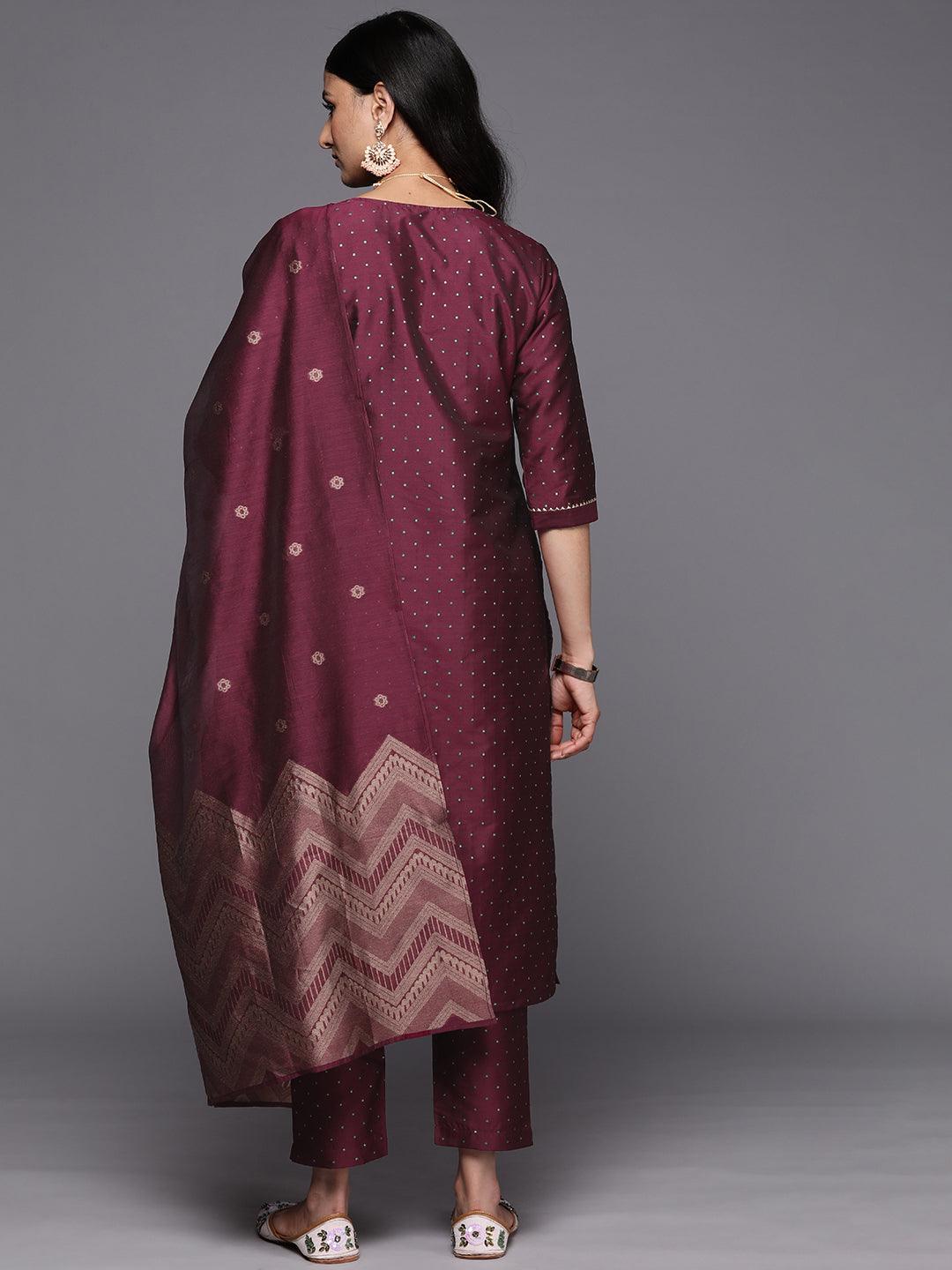 Purple Woven Design Art Silk Straight Kurta With Trousers & Dupatta