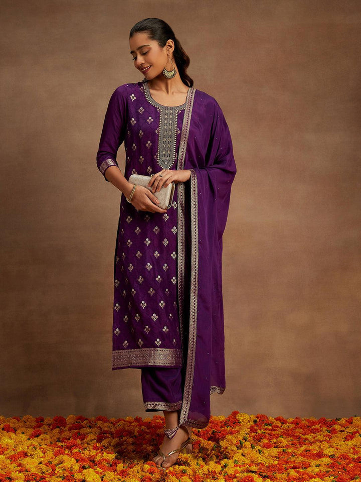 Purple Woven Design Silk Blend Straight Kurta With Trousers & Dupatta - Libas