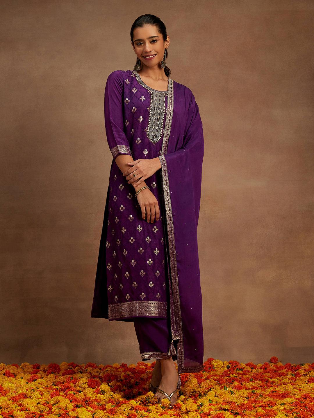 Purple Woven Design Silk Blend Straight Kurta With Trousers & Dupatta - Libas