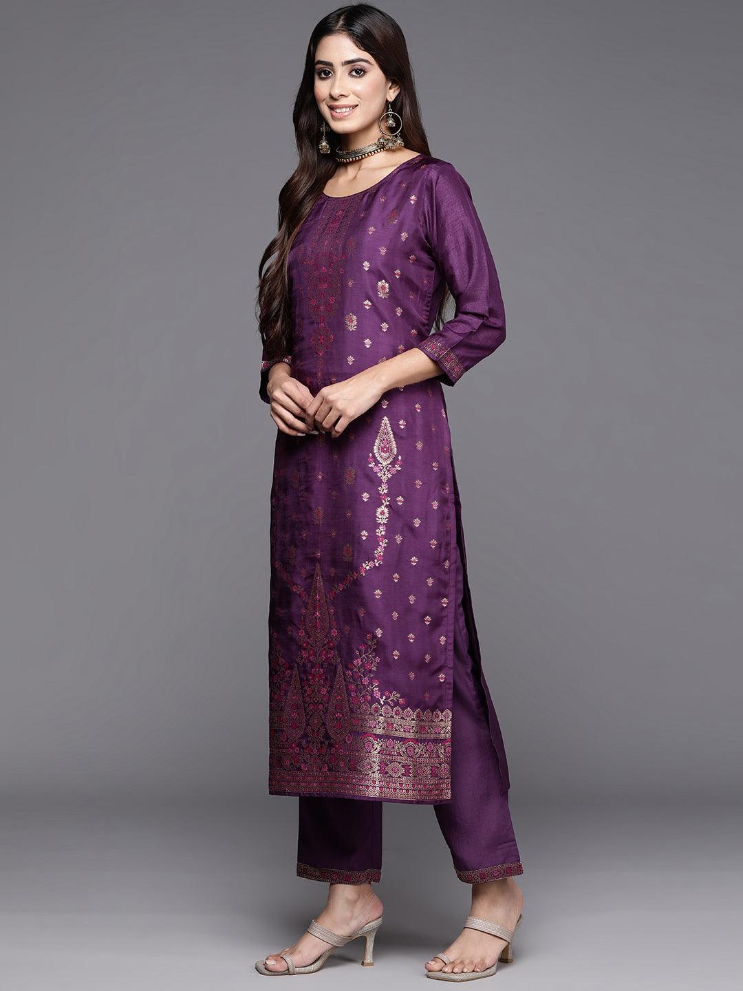 Purple Woven Design Silk Blend Straight Kurta With Trousers & Dupatta - Libas