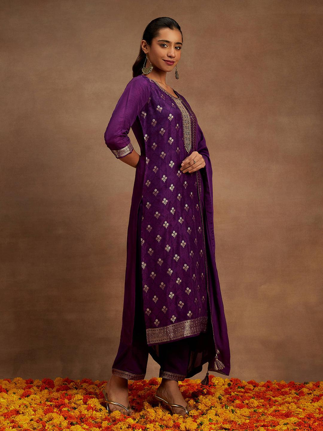 Purple Woven Design Silk Blend Straight Kurta With Trousers & Dupatta - Libas