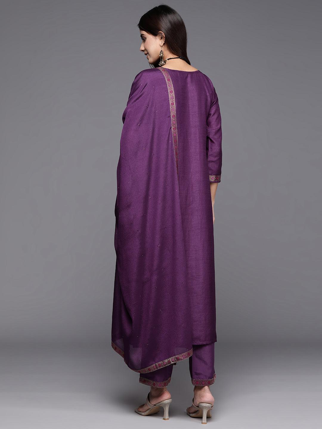 Purple Woven Design Silk Blend Straight Kurta With Trousers & Dupatta - Libas