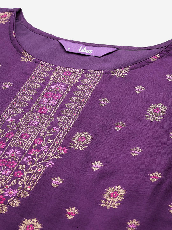 Purple Woven Design Silk Blend Straight Kurta With Trousers & Dupatta - Libas