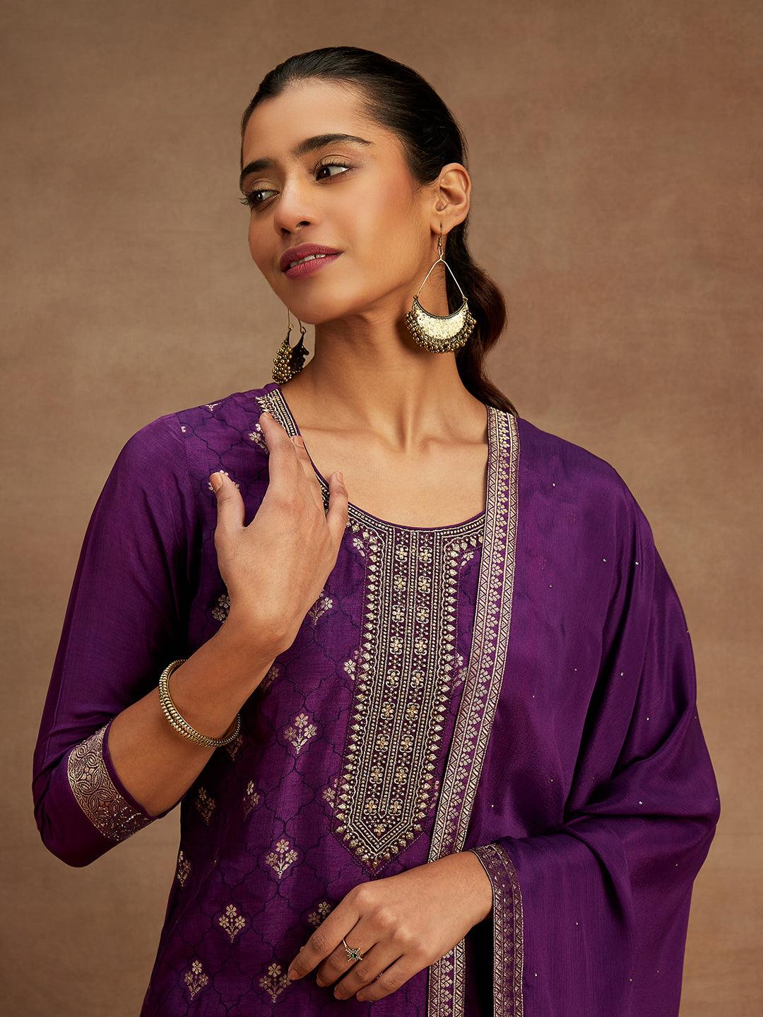 Purple Woven Design Silk Blend Straight Kurta With Trousers & Dupatta - Libas