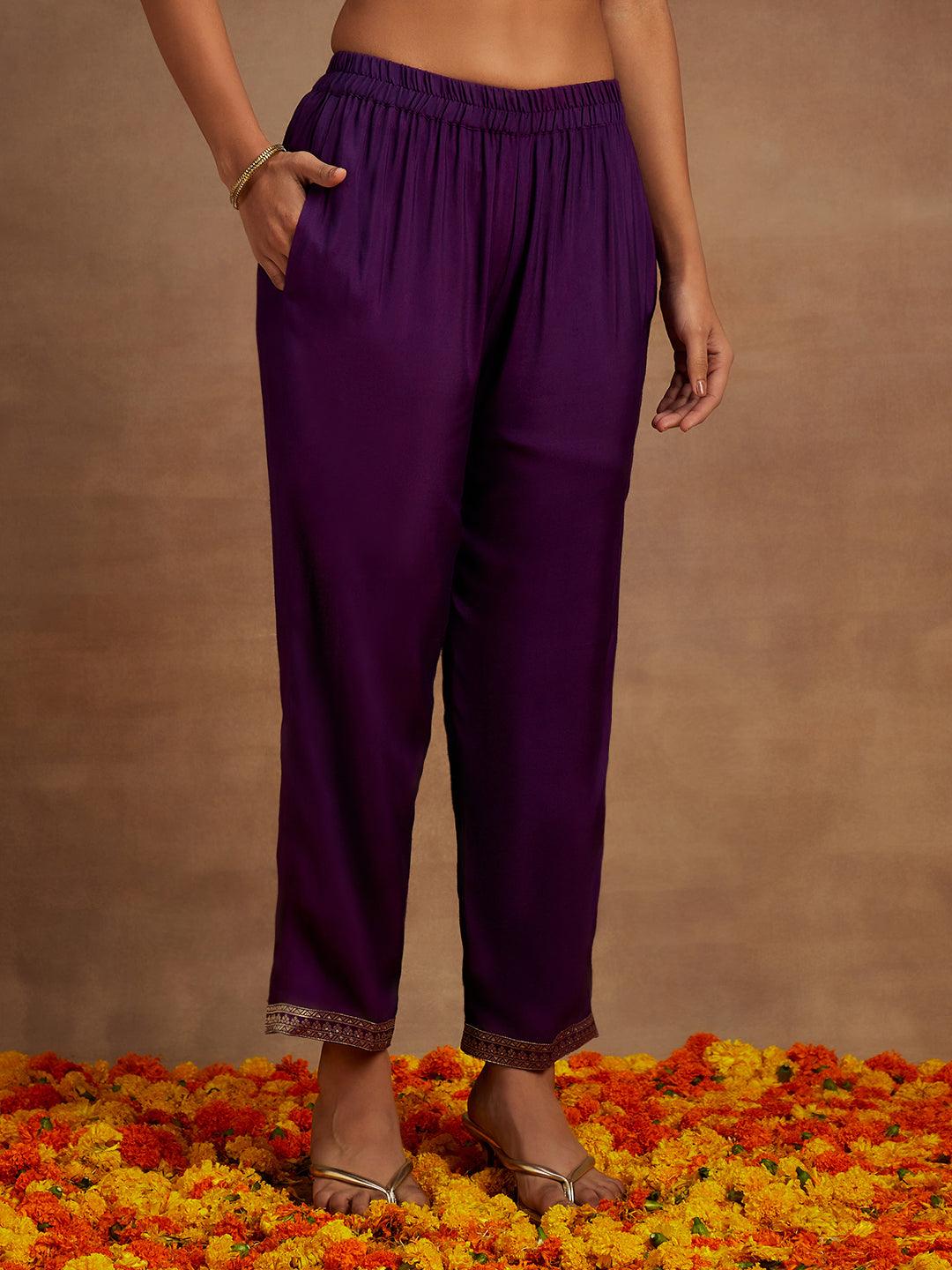 Purple Woven Design Silk Blend Straight Kurta With Trousers & Dupatta - Libas