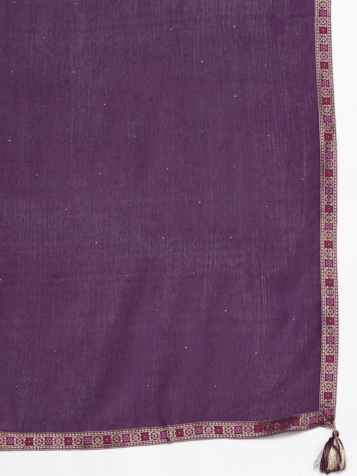 Purple Woven Design Silk Blend Straight Kurta With Trousers & Dupatta - Libas