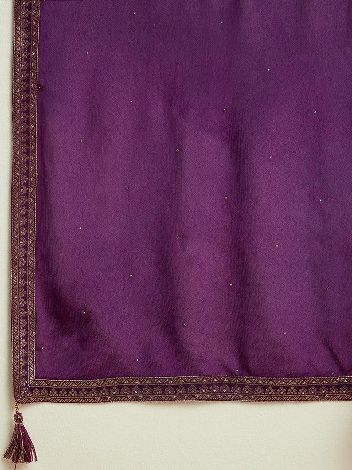 Purple Woven Design Silk Blend Straight Kurta With Trousers & Dupatta - Libas