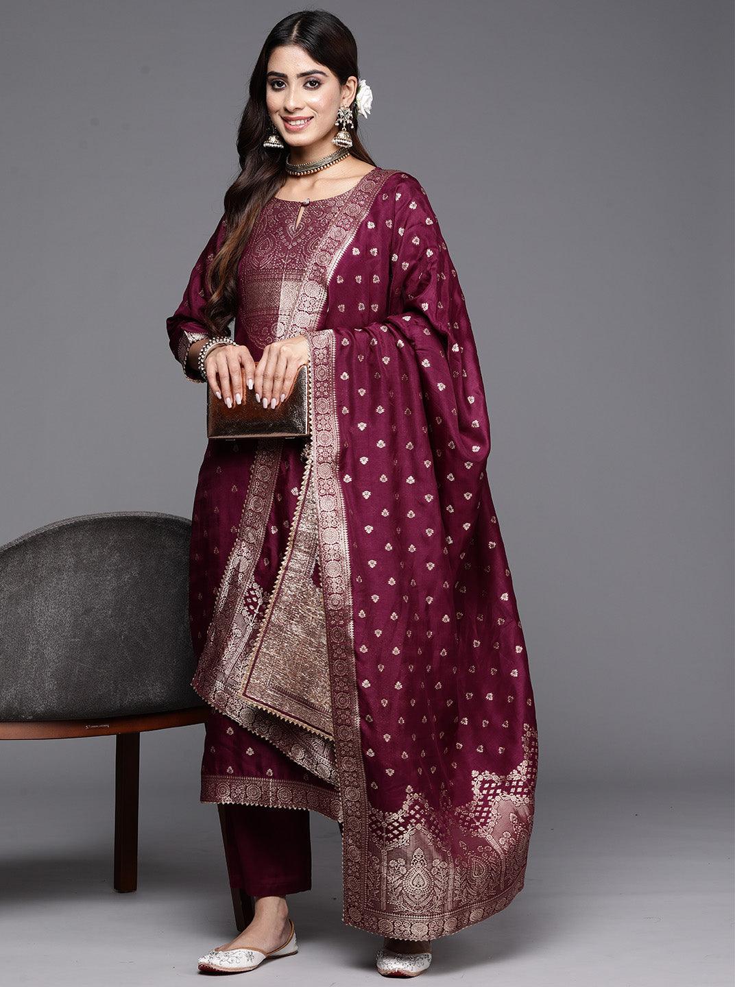 Purple Woven Design Silk Straight Kurta With Trousers & Dupatta - Libas