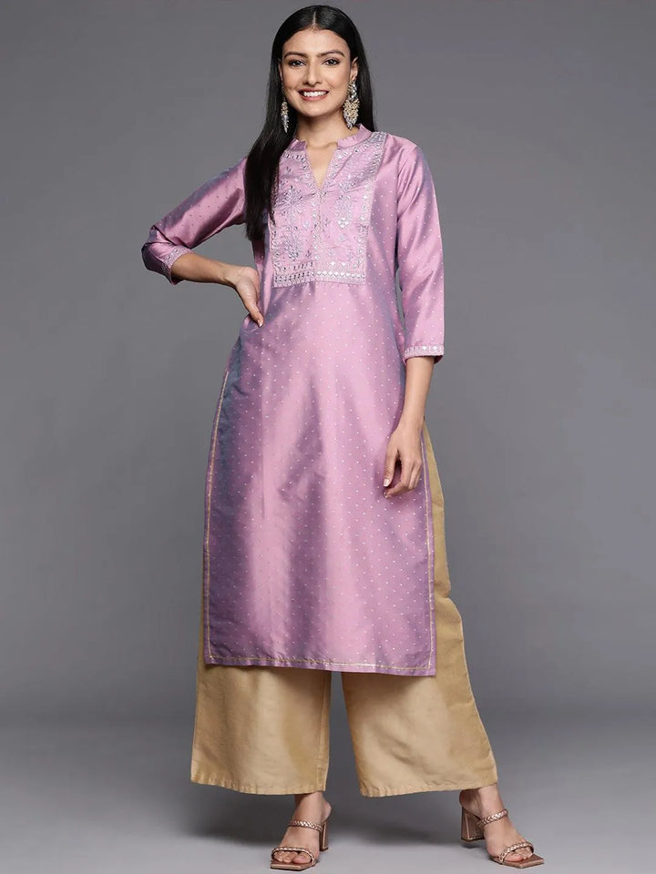 Purple Yoke Design Art Silk Straight Kurta - Libas