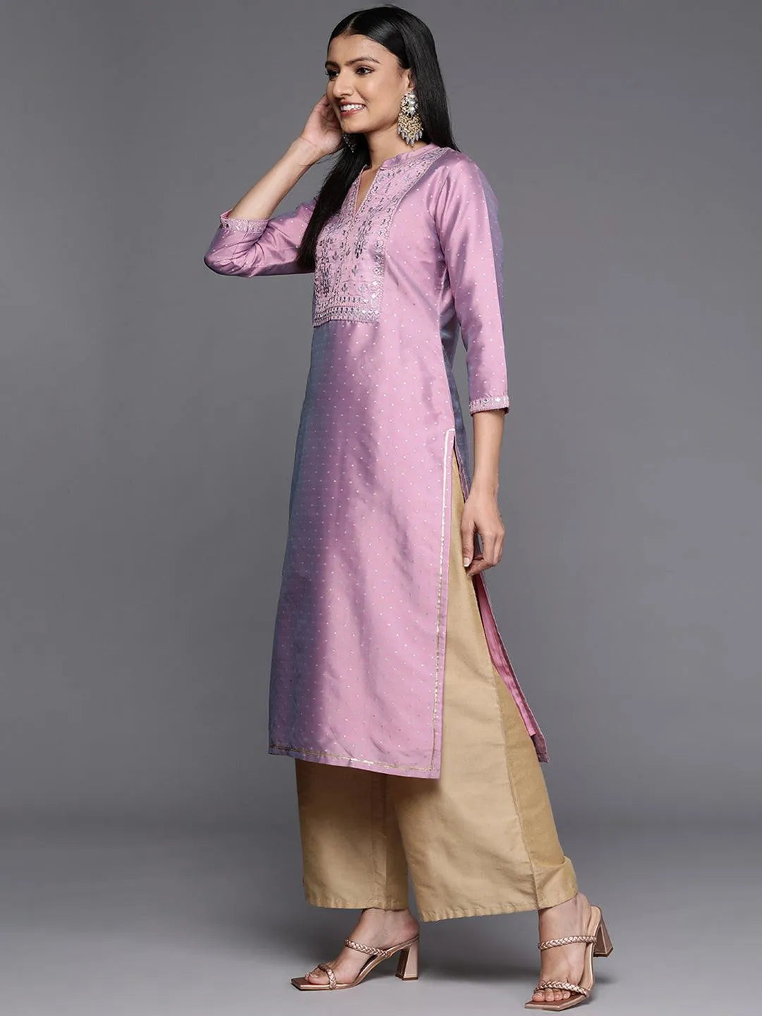 Purple Yoke Design Art Silk Straight Kurta - Libas