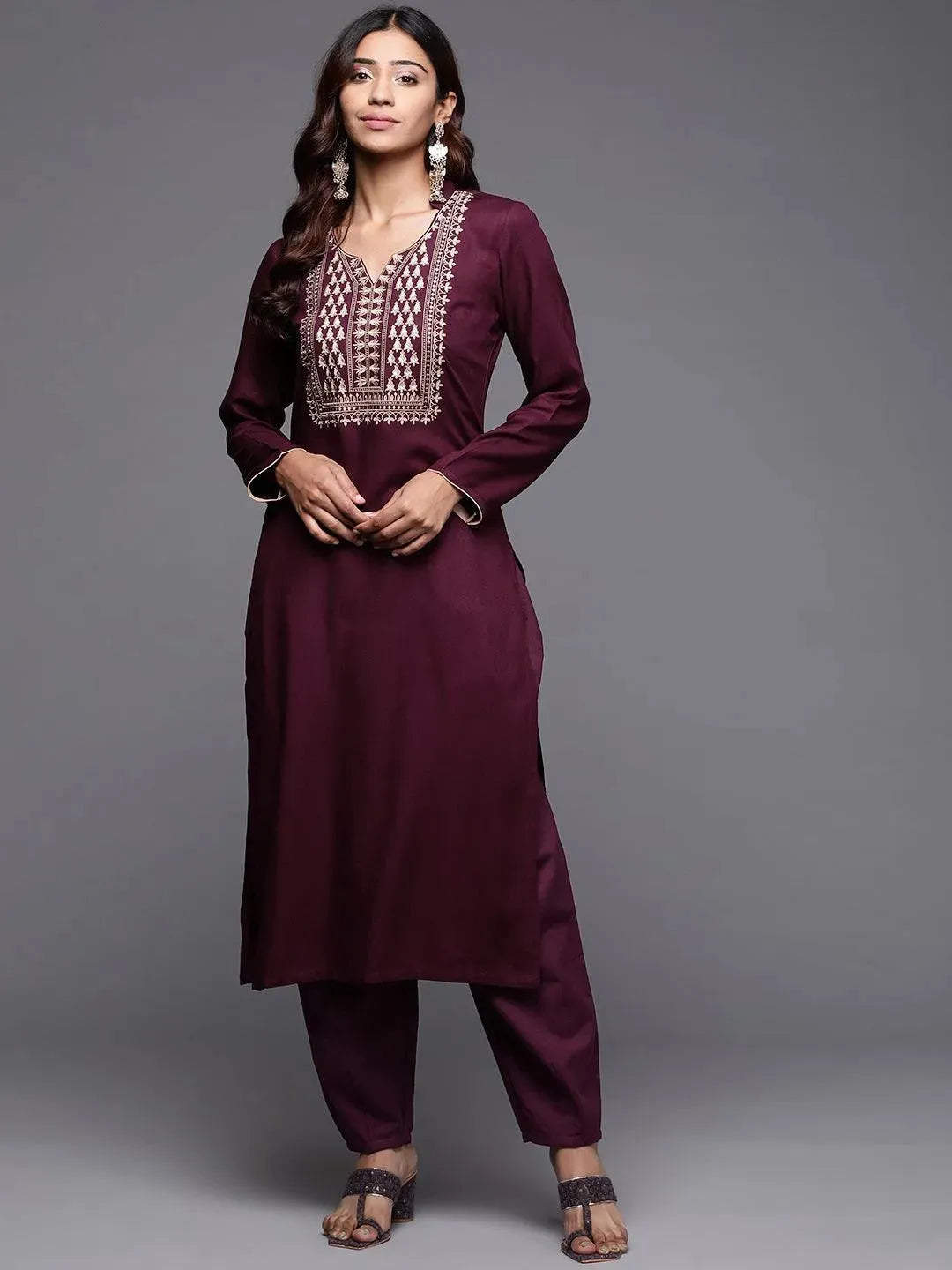 Purple Yoke Design Pashmina Wool Straight Kurta - Libas