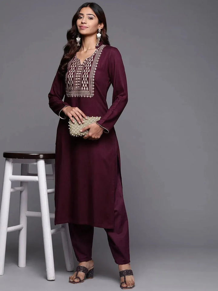 Purple Yoke Design Pashmina Wool Straight Kurta - Libas