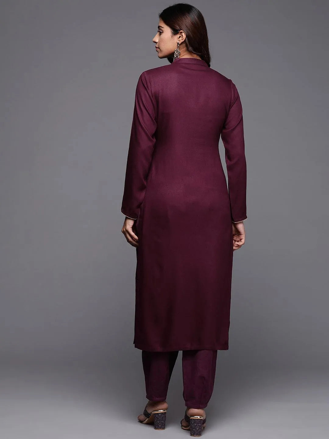 Purple Yoke Design Pashmina Wool Straight Kurta - Libas