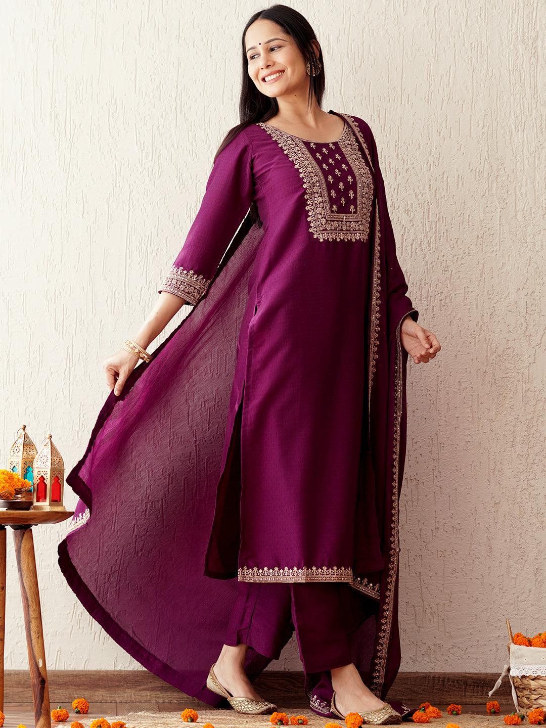 Purple Yoke Design Silk Blend Straight Kurta With Palazzos & Dupatta - Libas