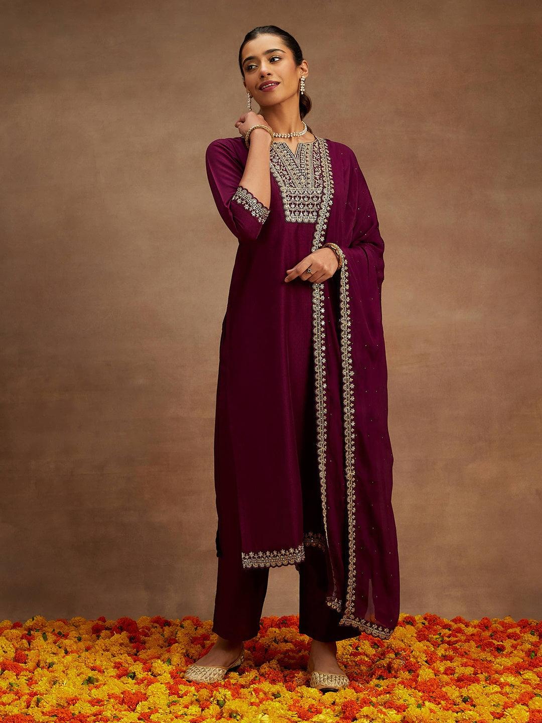 Purple Yoke Design Silk Blend Straight Kurta With Palazzos & Dupatta - Libas