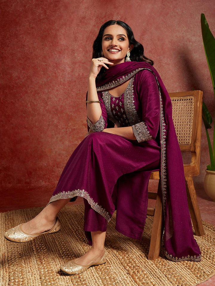 Purple Yoke Design Silk Blend Straight Kurta With Palazzos & Dupatta - Libas