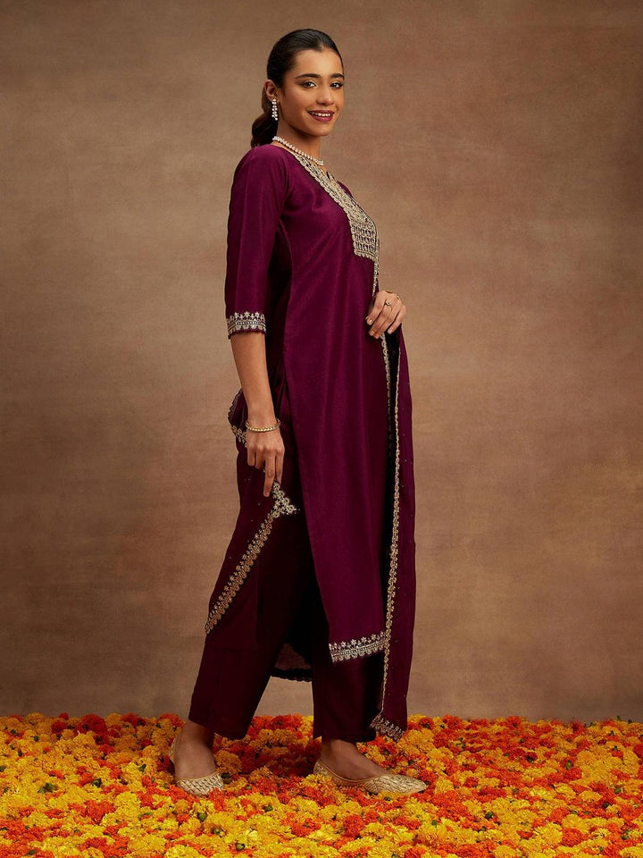 Purple Yoke Design Silk Blend Straight Kurta With Palazzos & Dupatta - Libas