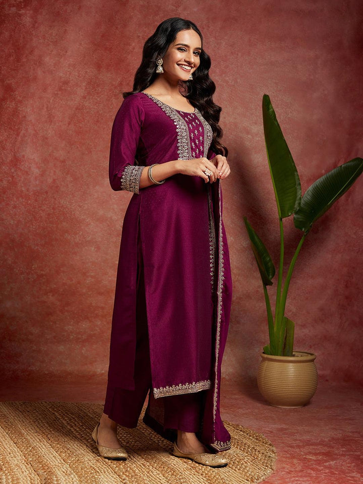 Purple Yoke Design Silk Blend Straight Kurta With Palazzos & Dupatta - Libas