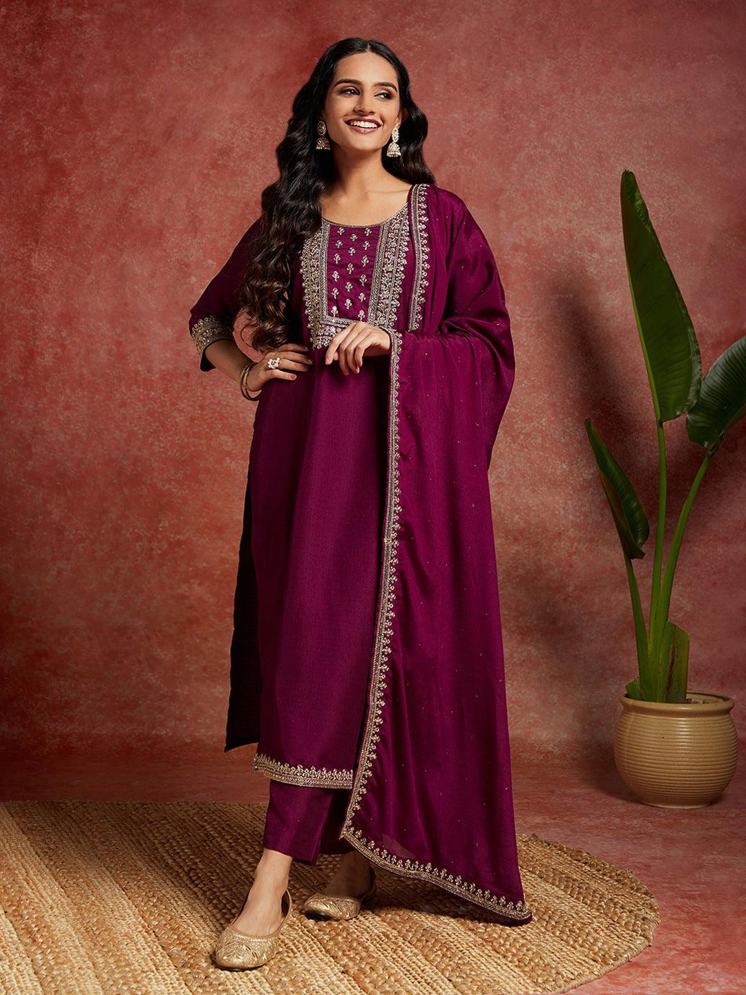 Purple Yoke Design Silk Blend Straight Kurta With Palazzos & Dupatta - Libas