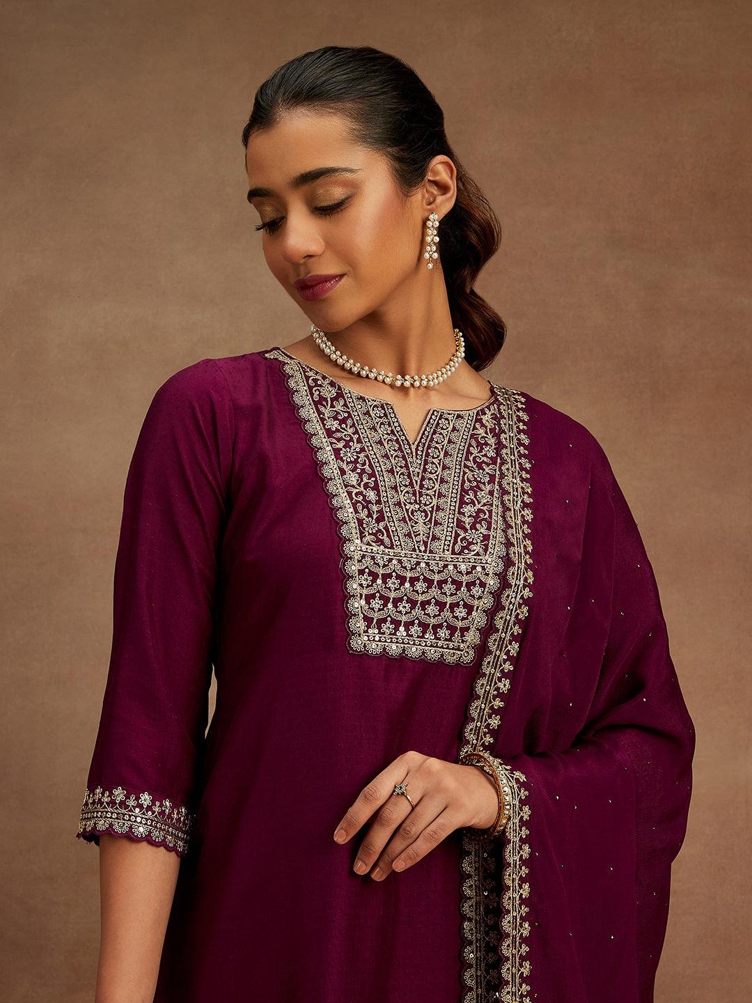 Purple Yoke Design Silk Blend Straight Kurta With Palazzos & Dupatta - Libas