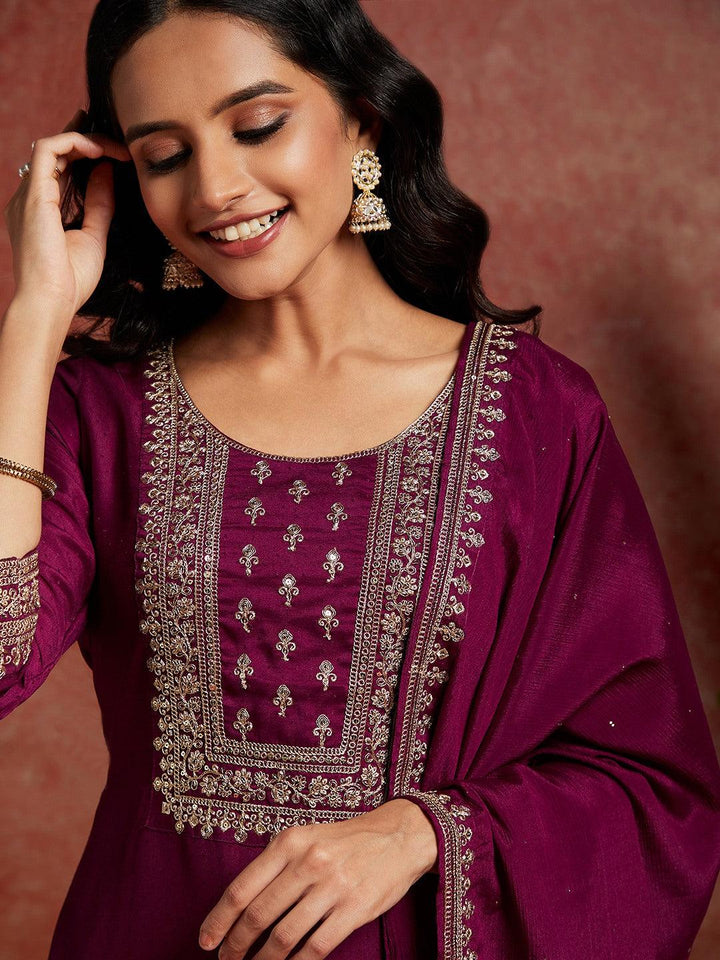 Purple Yoke Design Silk Blend Straight Kurta With Palazzos & Dupatta - Libas