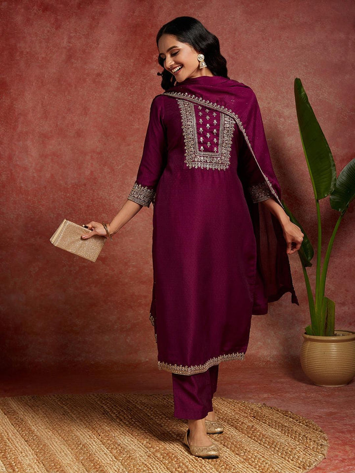 Purple Yoke Design Silk Blend Straight Kurta With Palazzos & Dupatta - Libas