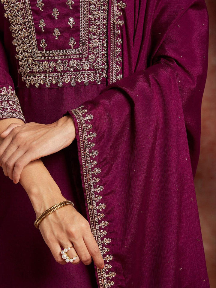 Purple Yoke Design Silk Blend Straight Kurta With Palazzos & Dupatta - Libas