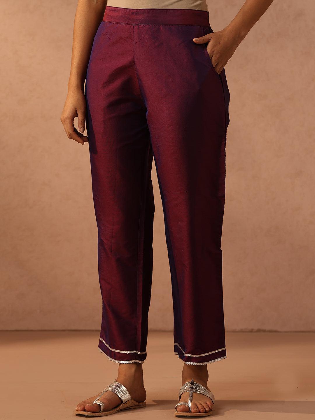 Purple Yoke Design Silk Blend Straight Kurta With Trousers & Dupatta