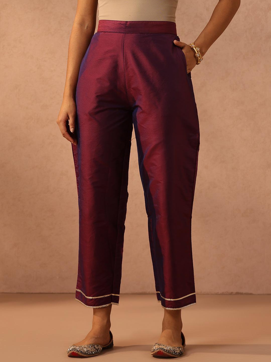 Purple Yoke Design Silk Blend Straight Kurta With Trousers & Dupatta