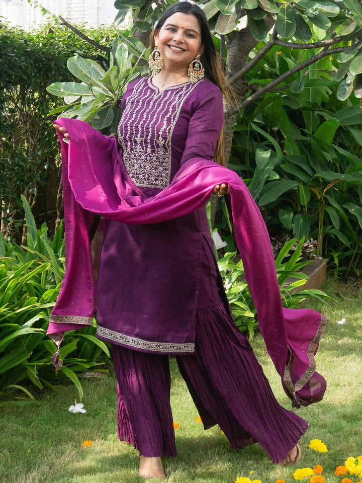 Purple Yoke Design Silk Blend Straight Suit Set - Libas