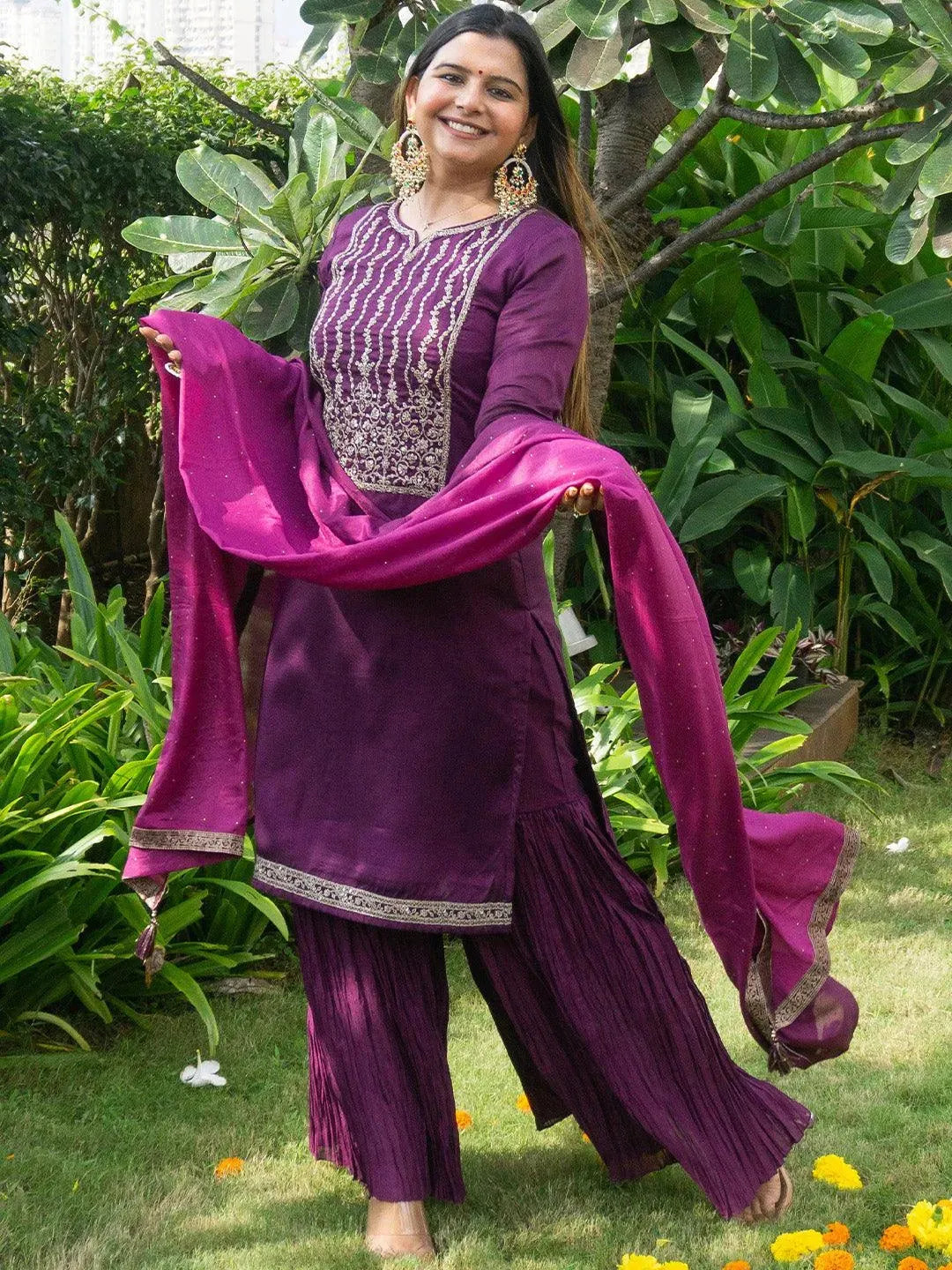 

Purple Yoke Design Silk Blend Straight Sharara Suit Set With Dupatta