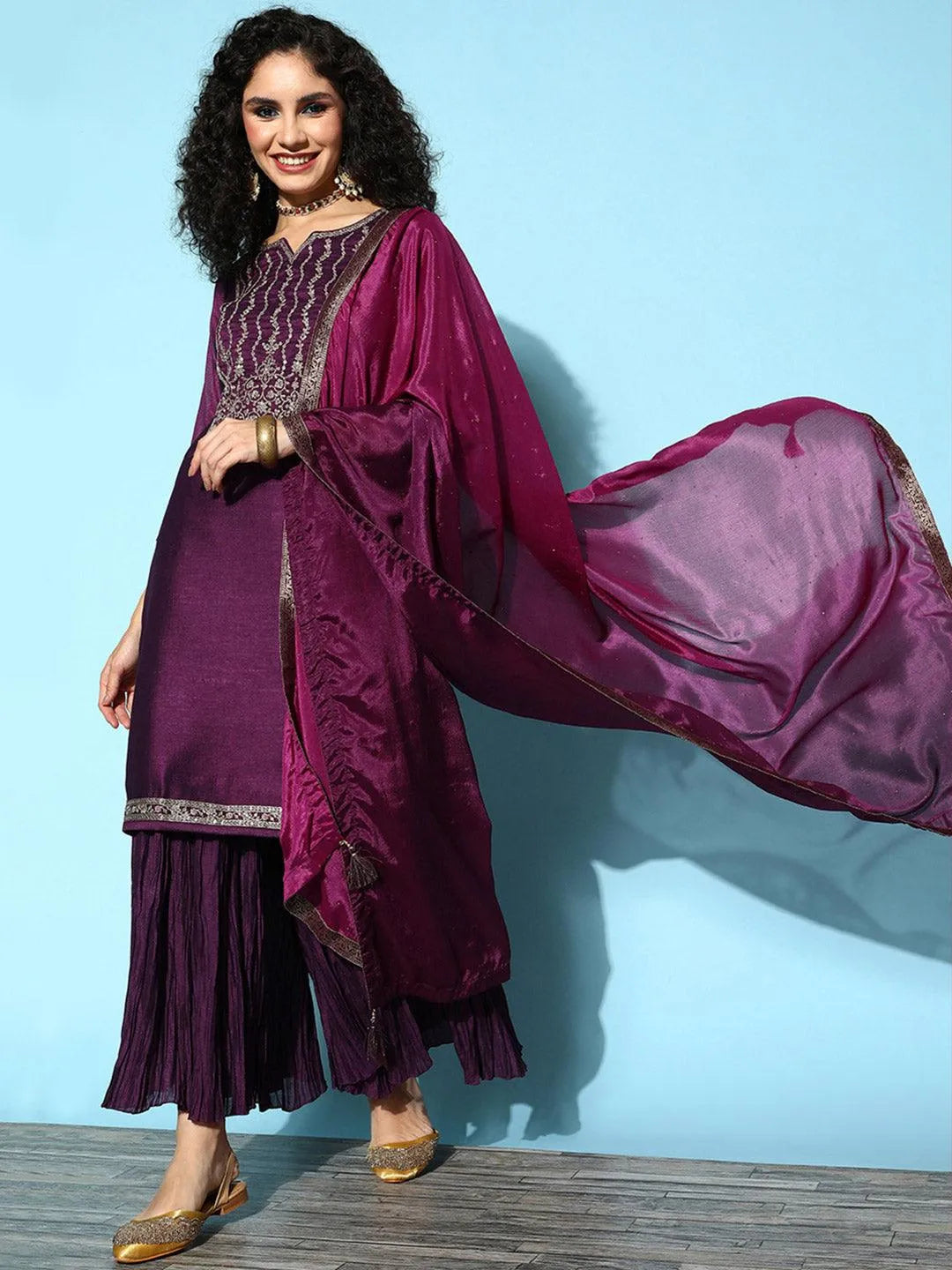 Purple Yoke Design Silk Blend Straight Suit Set - Libas 