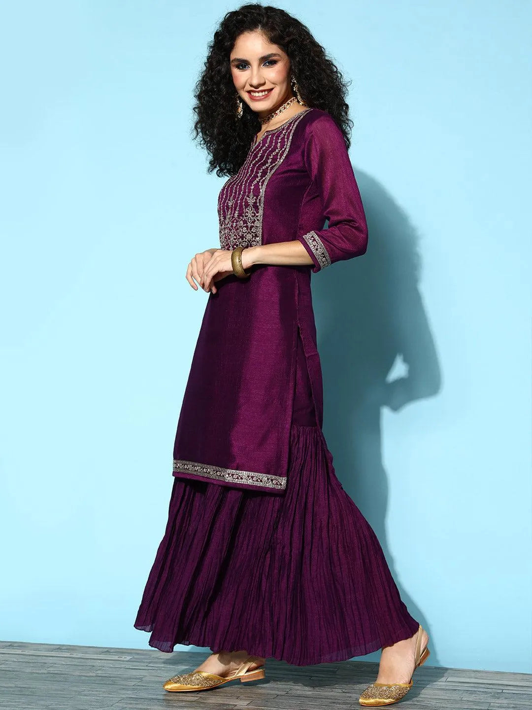 Purple Yoke Design Silk Blend Straight Suit Set - Libas 