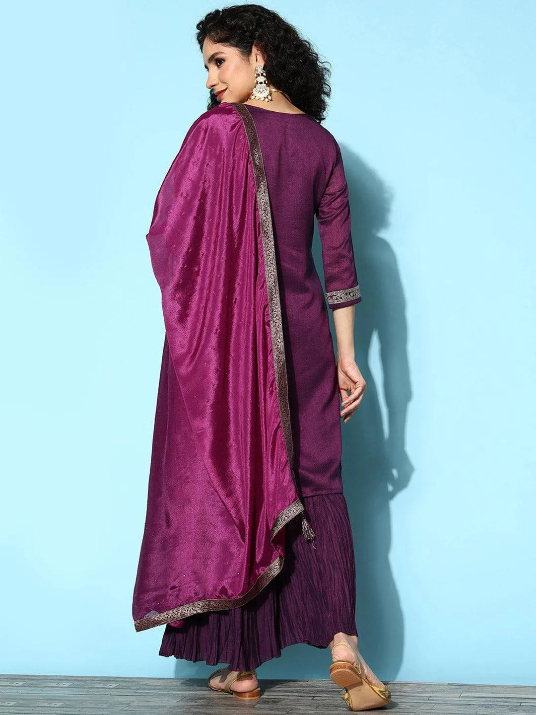 Purple Yoke Design Silk Blend Straight Suit Set - Libas 