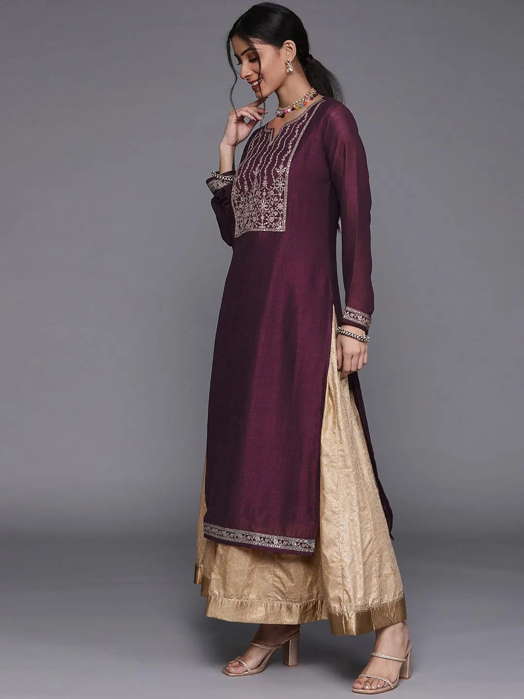 Purple Yoke Design Silk Kurta - Libas 