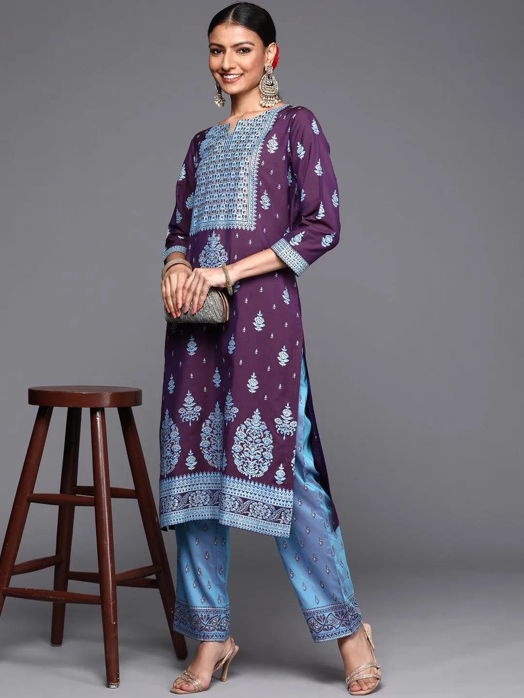 Purple Yoke Design Silk Kurta - Libas 