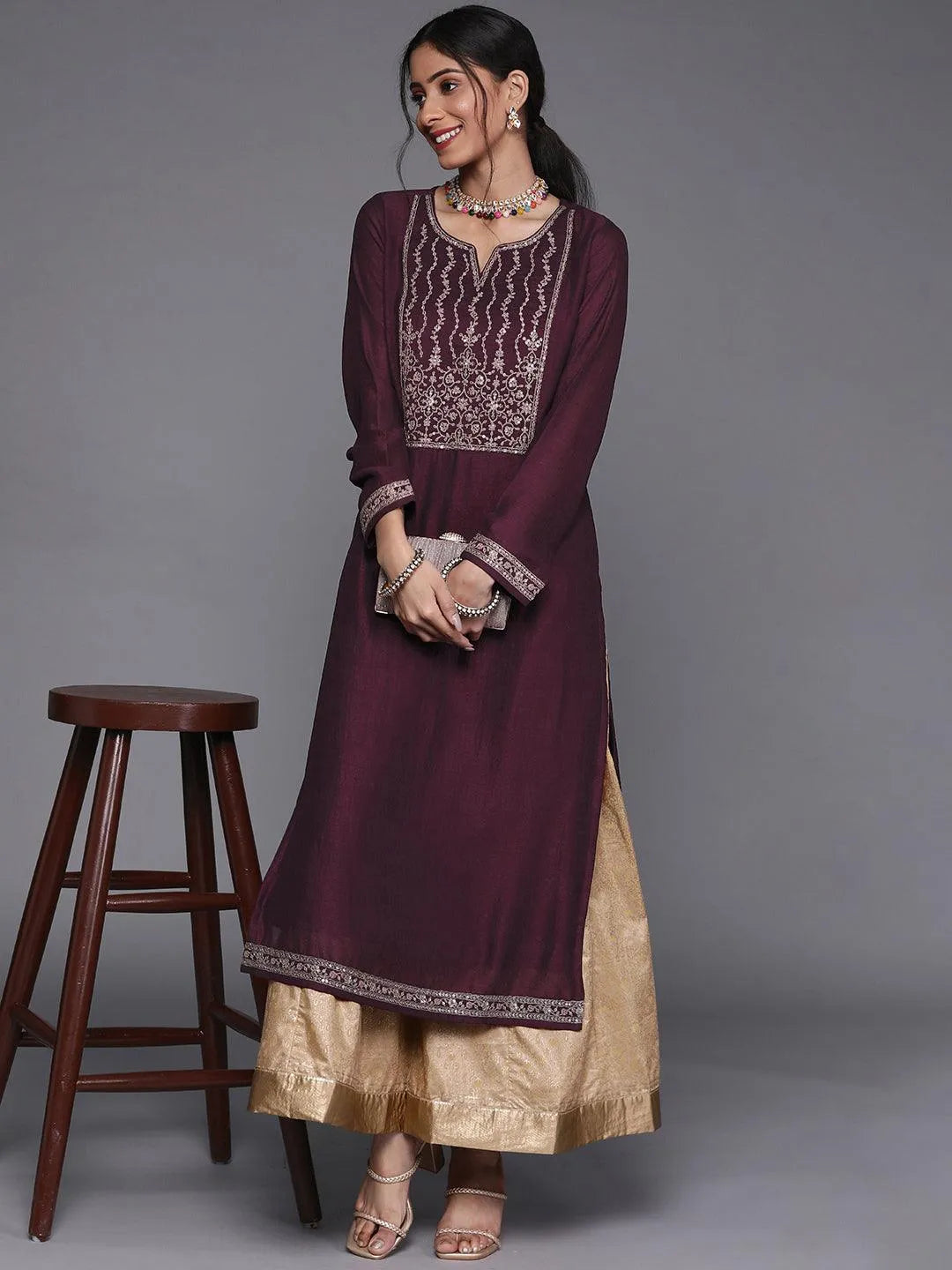 Purple Yoke Design Silk Kurta - Libas 