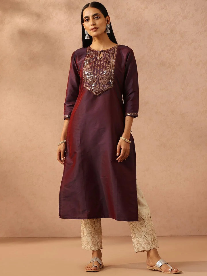 Purple Yoke Design Silk Straight Kurta - Libas