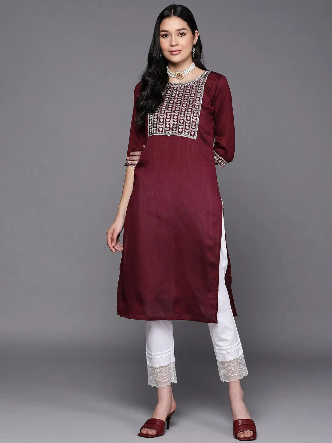 Purple Yoke Design Silk Straight Kurta - Libas 